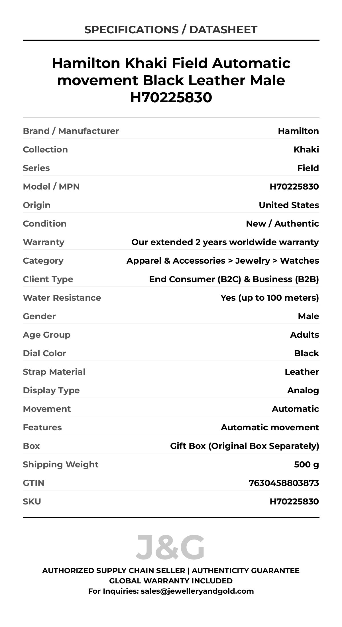 Hamilton Khaki Field Automatic movement Black Leather Male H70225830 - Specifications