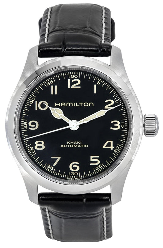 Hamilton Khaki Field Automatic movement Black Leather Male H70405730. A brand-new Hamilton Khaki watch featuring a Black dial and a Leather strap. Angled view.