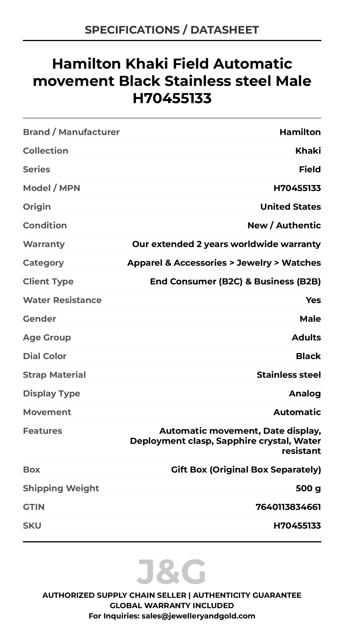 Hamilton Khaki Field Automatic movement Black Stainless steel Male H70455133 - Specifications