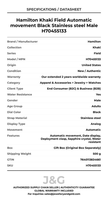 Hamilton Khaki Field Automatic movement Black Stainless steel Male H70455133 - Specifications