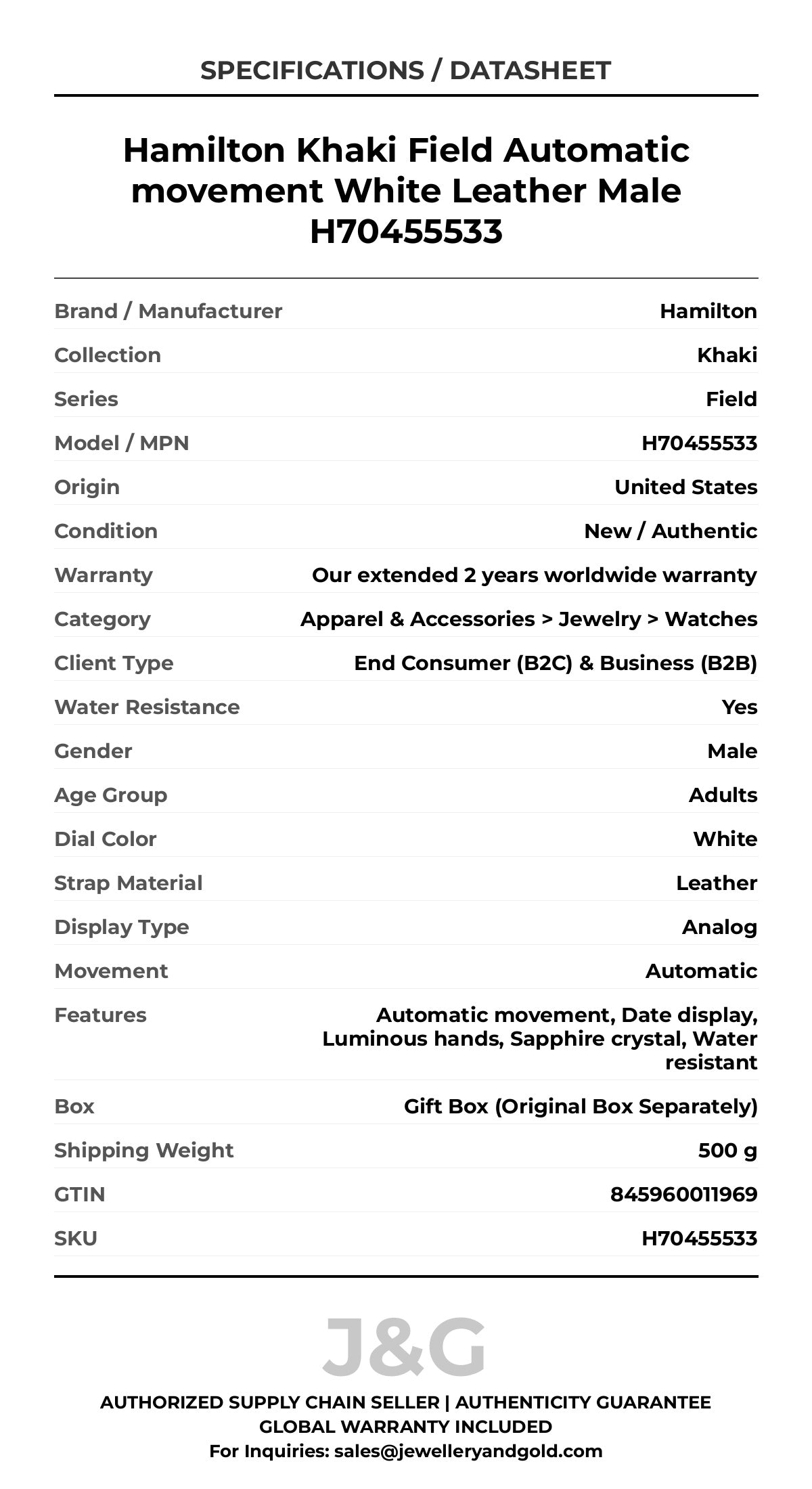 Hamilton Khaki Field Automatic movement White Leather Male H70455533 - Specifications
