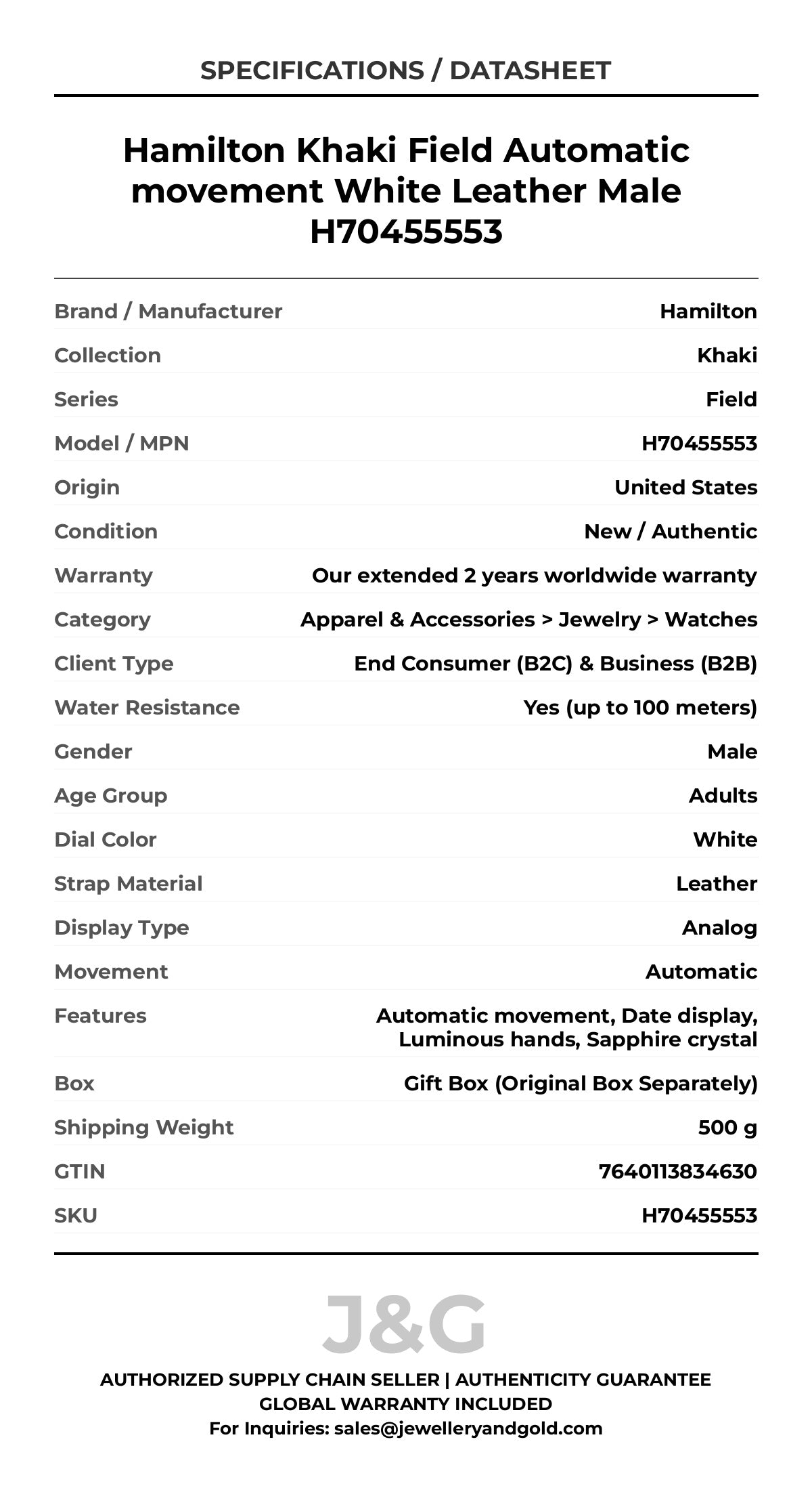 Hamilton Khaki Field Automatic movement White Leather Male H70455553 - Specifications