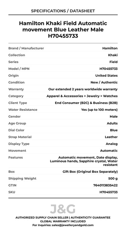 Hamilton Khaki Field Automatic movement Blue Leather Male H70455733 - Specifications