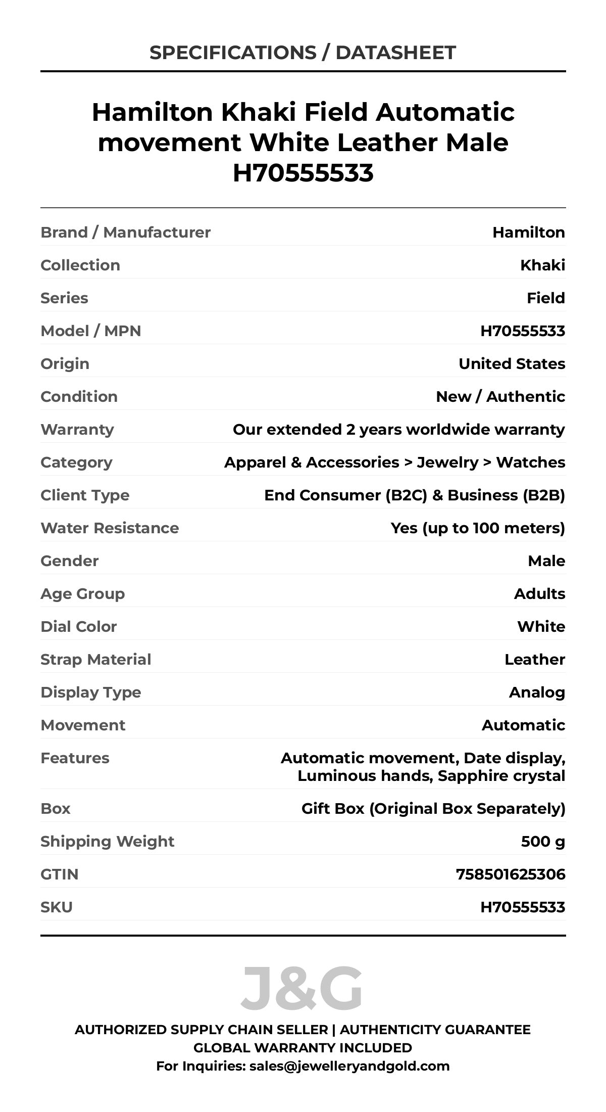 Hamilton Khaki Field Automatic movement White Leather Male H70555533 - Specifications