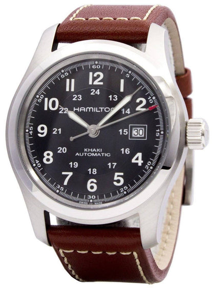 Hamilton Khaki Field Automatic movement White Leather Male H70555533. A brand-new Hamilton Khaki watch featuring a White dial and a Leather strap. Front view.