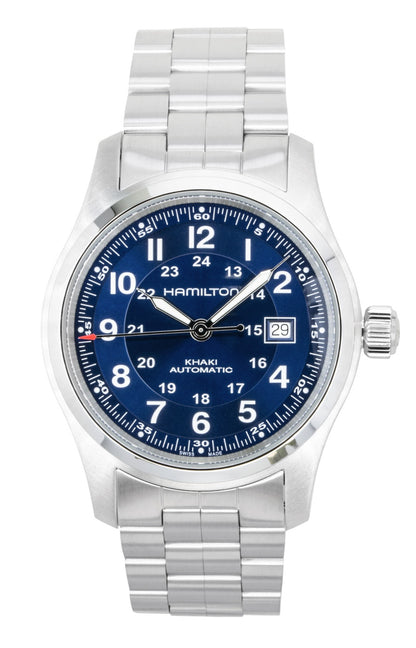 Hamilton Khaki Stainless Steel Blue Dial Automatic 100M. A brand-new Hamilton Khaki watch featuring a Blue dial and a Stainless steel strap. Side view.