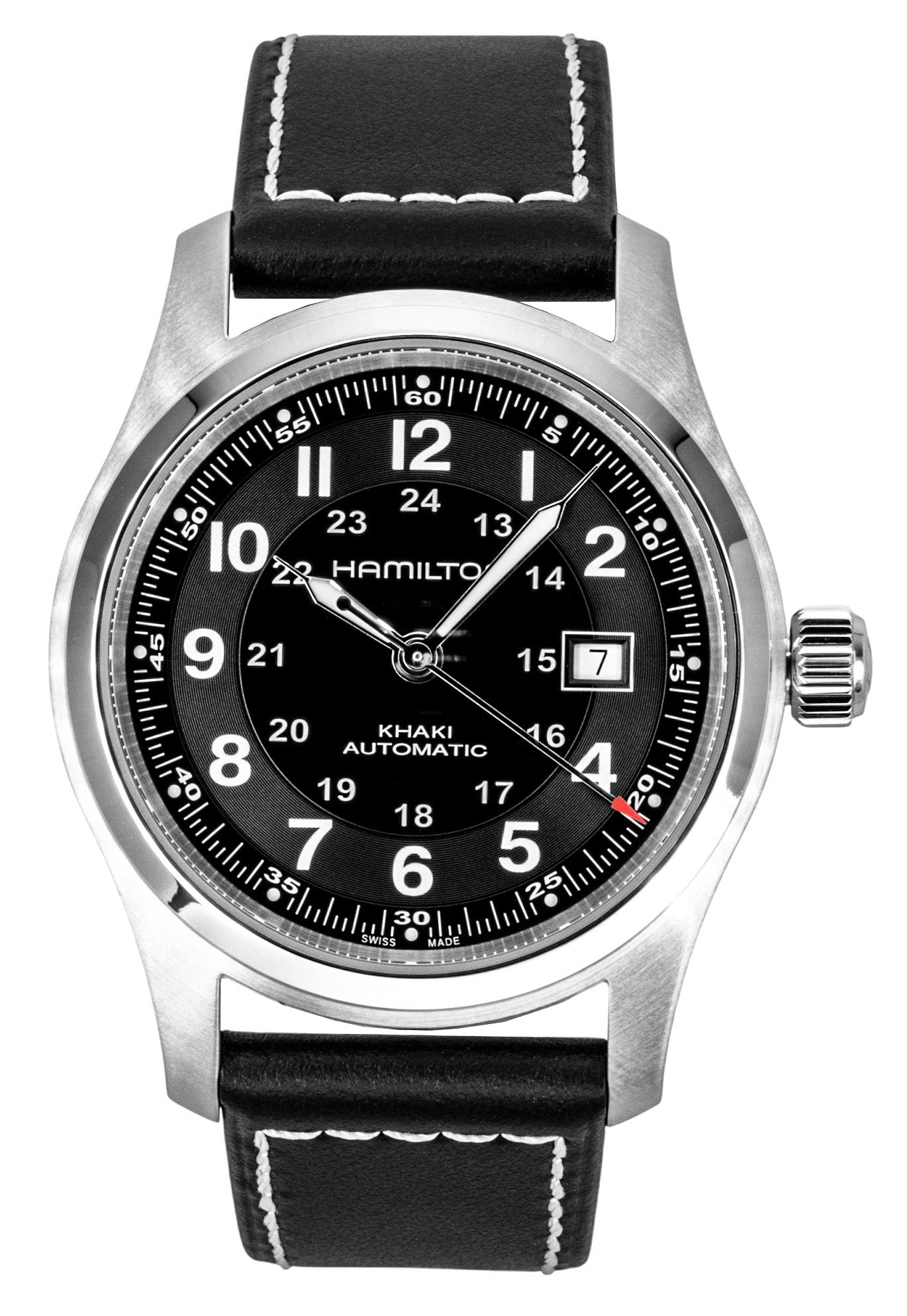 Hamilton Khaki Automatic movement Black Leather Male H70605733. A brand-new Hamilton Khaki watch featuring a Black dial and a Leather strap. Side view.