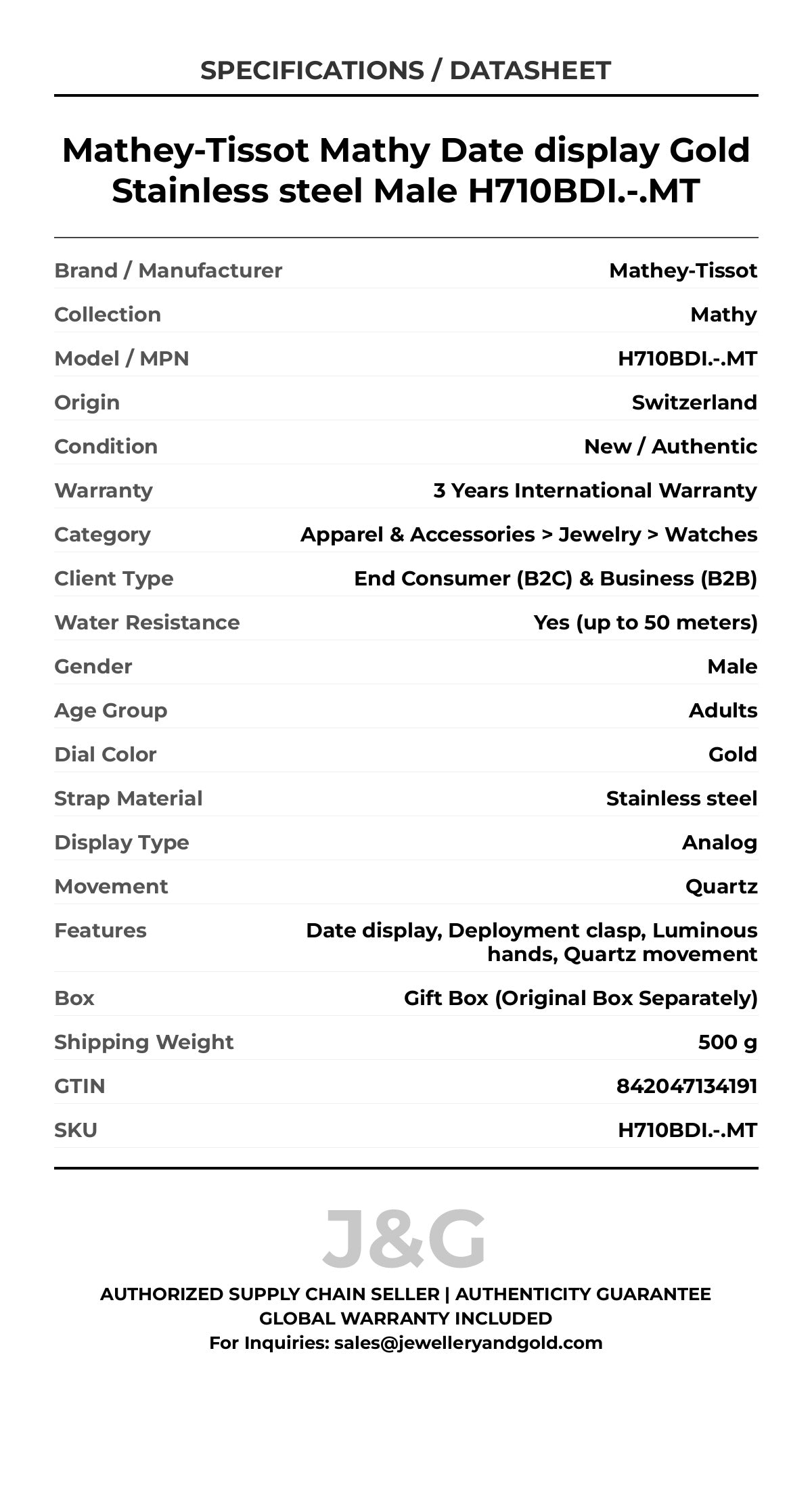 Mathey-Tissot Mathy Date display Gold Stainless steel Male H710BDI.-.MT - Specifications