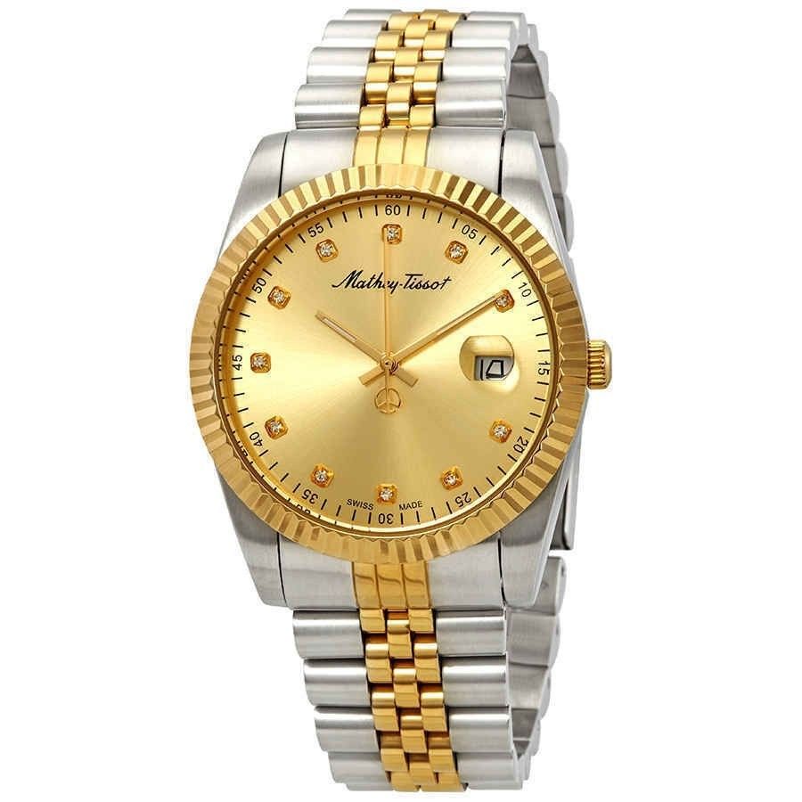 Mathey-Tissot Mathy Date display Gold Stainless steel Male H710BDI.-.MT. A brand-new Mathey-Tissot Mathy watch featuring a Gold dial and a Stainless steel strap. Front view.