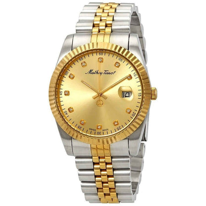 Mathey-Tissot Mathy Date display Gold Stainless steel Male H710BDI.-.MT. A brand-new Mathey-Tissot Mathy watch featuring a Gold dial and a Stainless steel strap. Front view.