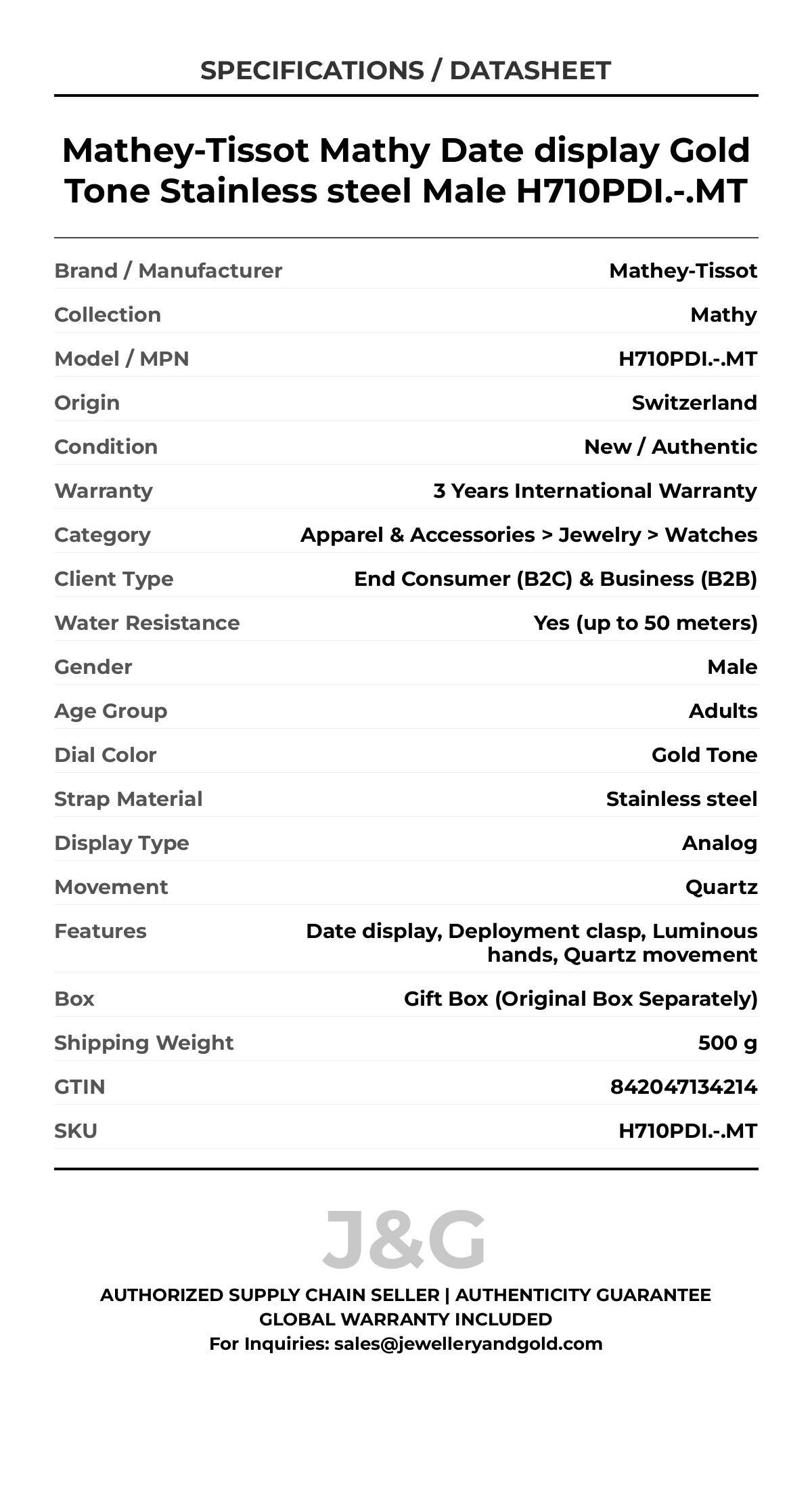 Mathey-Tissot Mathy Date display Gold Tone Stainless steel Male H710PDI.-.MT - Specifications