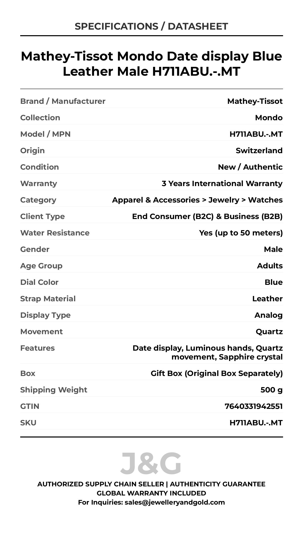 Mathey-Tissot Mondo Date display Blue Leather Male H711ABU.-.MT - Specifications