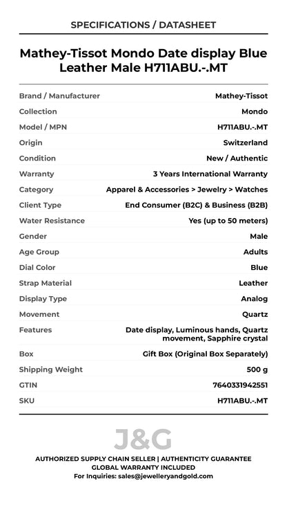 Mathey-Tissot Mondo Date display Blue Leather Male H711ABU.-.MT - Specifications