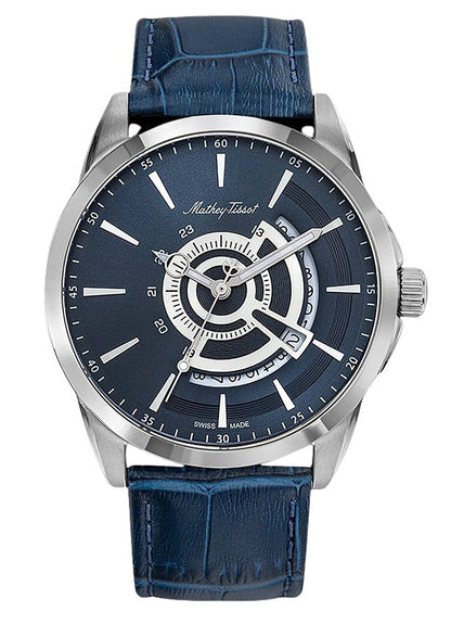 Mathey-Tissot Mondo Date display Blue Leather Male H711ABU.-.MT. A brand-new Mathey-Tissot Mondo watch featuring a Blue dial and a Leather strap. Side view.