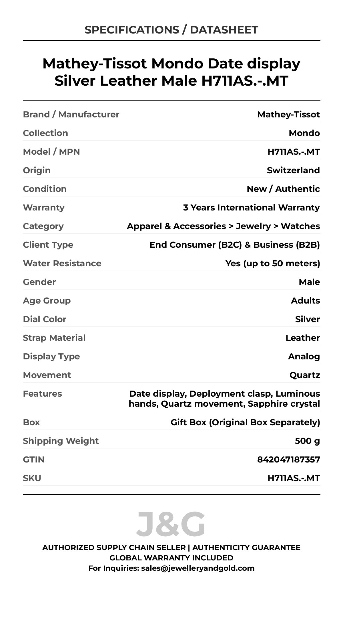 Mathey-Tissot Mondo Date display Silver Leather Male H711AS.-.MT - Specifications