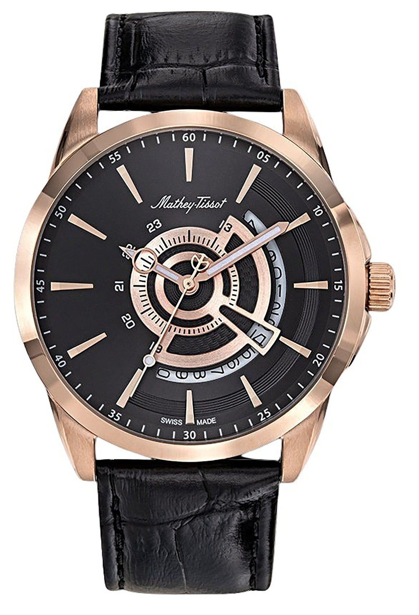 Mathey-Tissot Mondo Date display Black Leather Male H711PN.-.MT. A brand-new Mathey-Tissot Mondo watch featuring a Black dial and a Leather strap. Angled view.