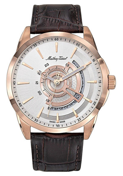 Mathey-Tissot Mondo Date display Silver Leather Male H711PS.-.MT. A brand-new Mathey-Tissot Mondo watch featuring a Silver dial and a Leather strap. Front view.