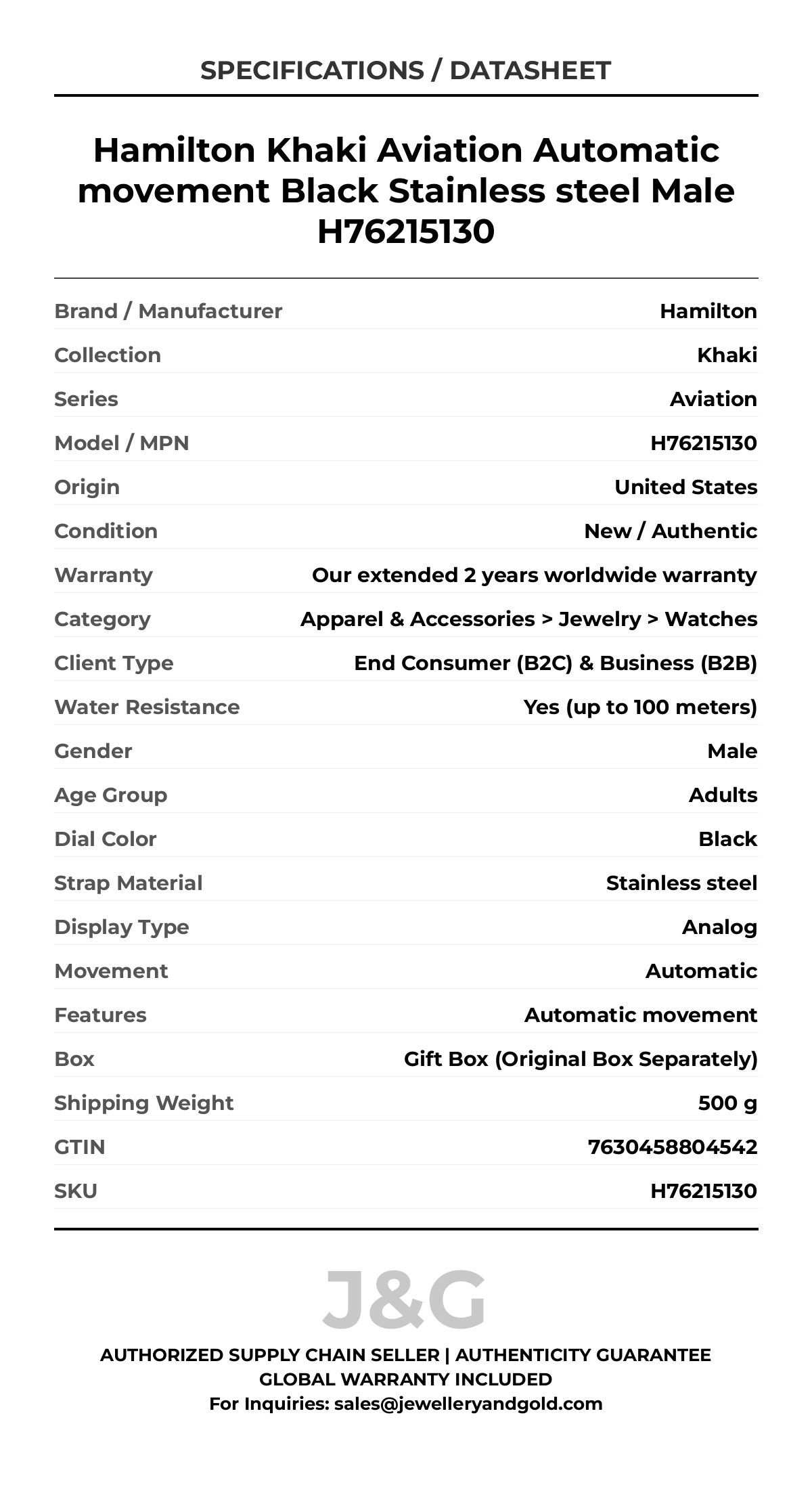 Hamilton Khaki Aviation Automatic movement Black Stainless steel Male H76215130 - Specifications