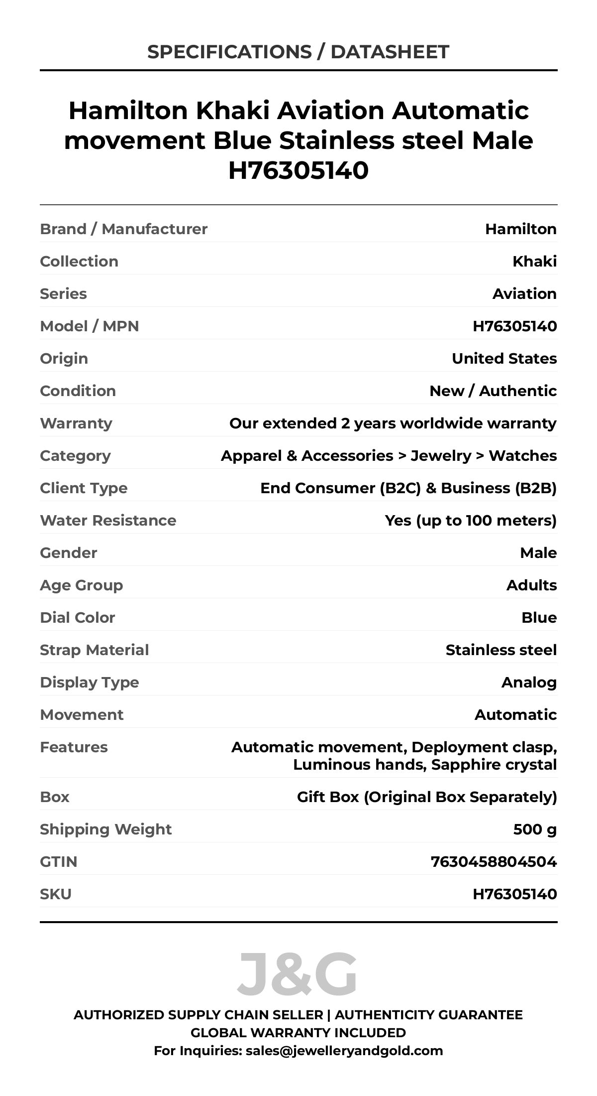 Hamilton Khaki Aviation Automatic movement Blue Stainless steel Male H76305140 - Specifications