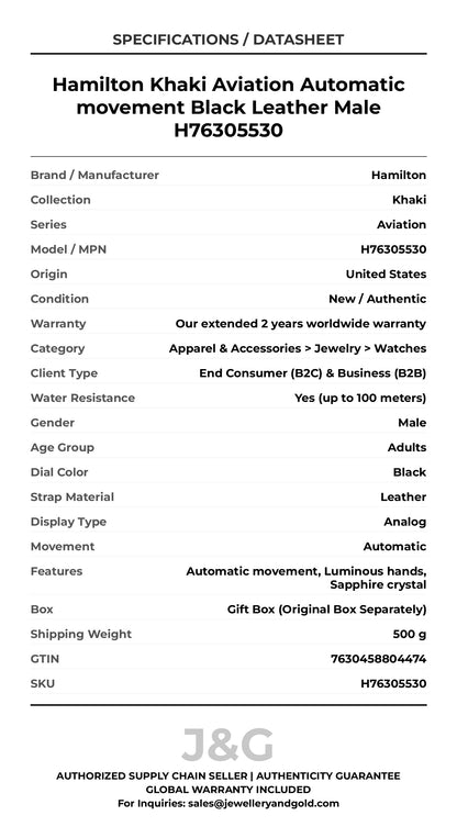 Hamilton Khaki Aviation Automatic movement Black Leather Male H76305530 - Specifications
