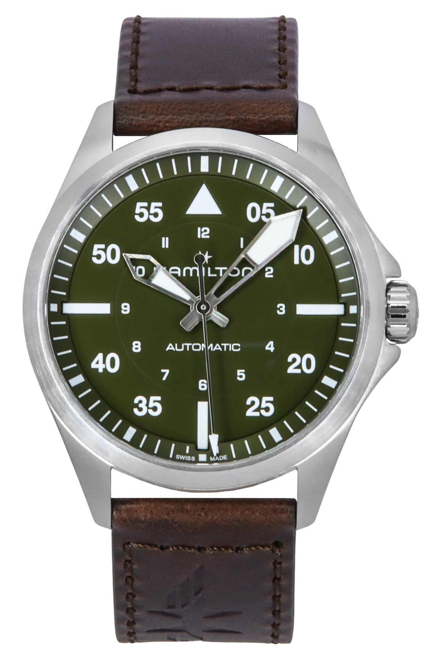Hamilton Khaki Aviation Automatic movement Green Leather Male H76305560. A brand-new Hamilton Khaki watch featuring a Green dial and a Leather strap. Angled view.