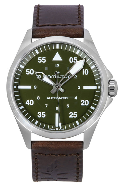 Hamilton Khaki Aviation Automatic movement Green Leather Male H76305560. A brand-new Hamilton Khaki watch featuring a Green dial and a Leather strap. Angled view.