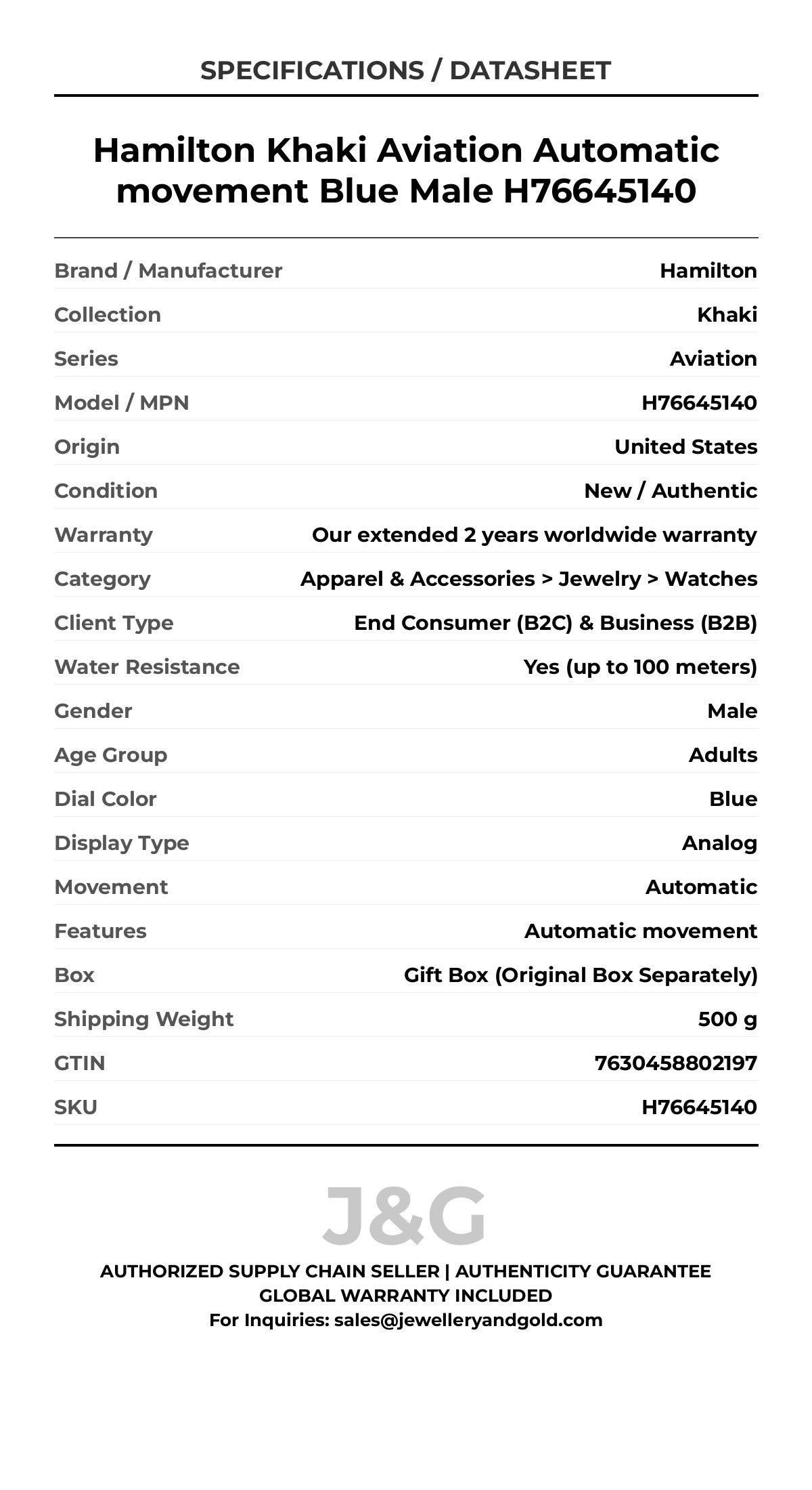 Hamilton Khaki Aviation Automatic movement Blue Male H76645140 - Specifications