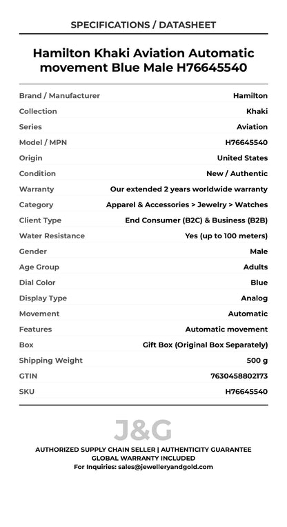 Hamilton Khaki Aviation Automatic movement Blue Male H76645540 - Specifications