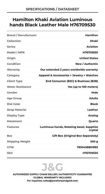 Hamilton Khaki Aviation Luminous hands Black Leather Male H76709530 - Specifications