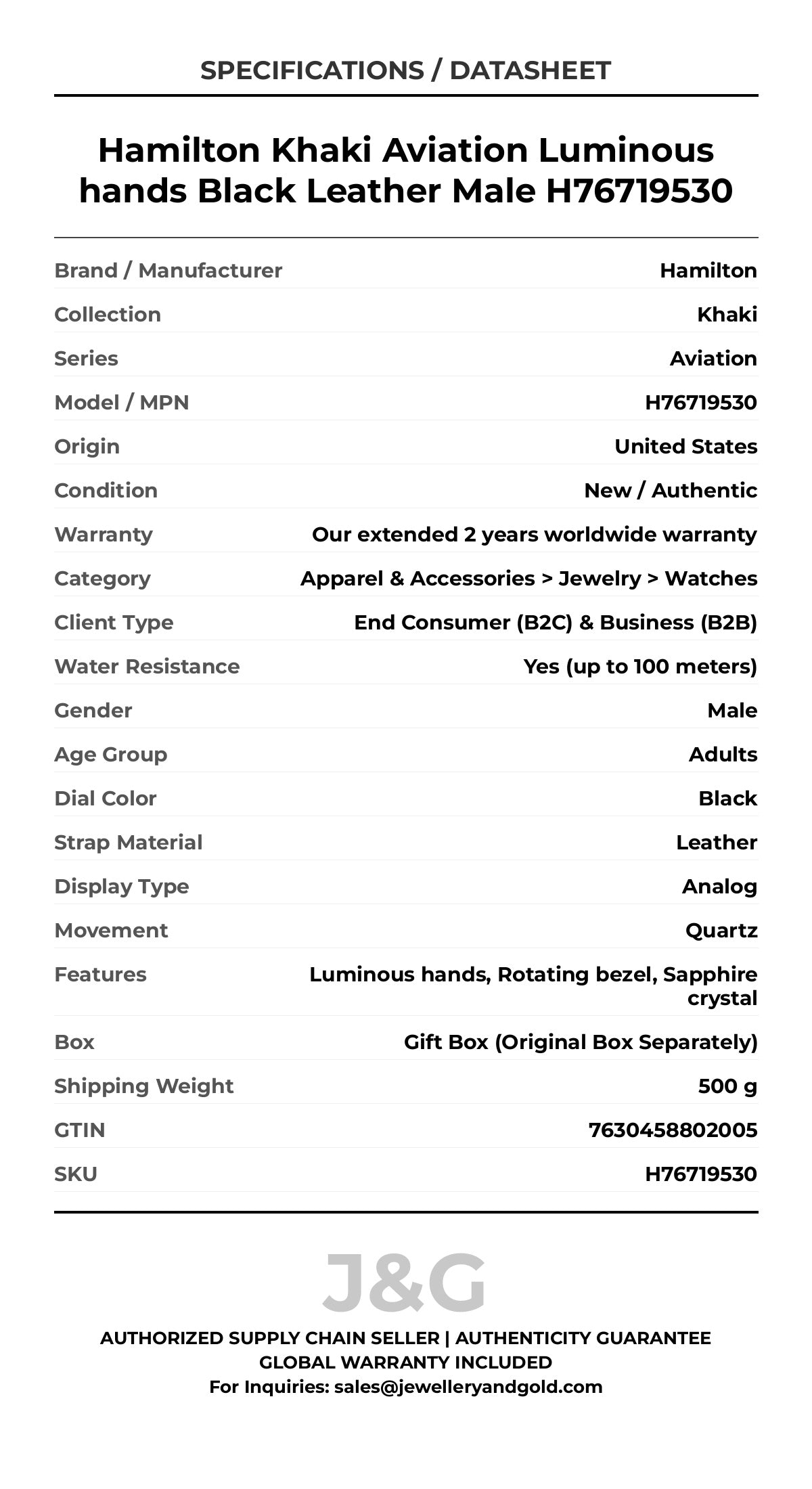 Hamilton Khaki Aviation Luminous hands Black Leather Male H76719530 - Specifications