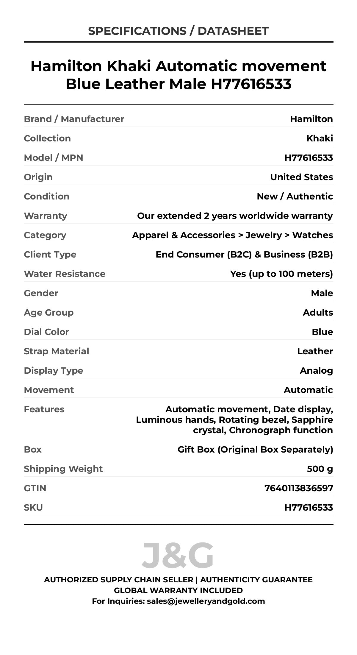 Hamilton Khaki Automatic movement Blue Leather Male H77616533 - Specifications