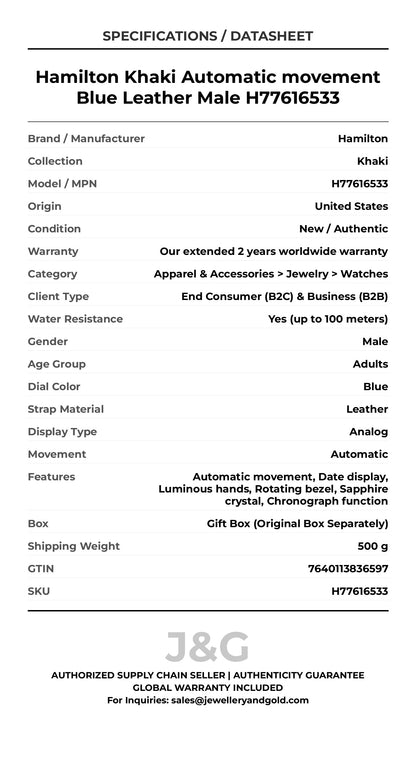 Hamilton Khaki Automatic movement Blue Leather Male H77616533 - Specifications