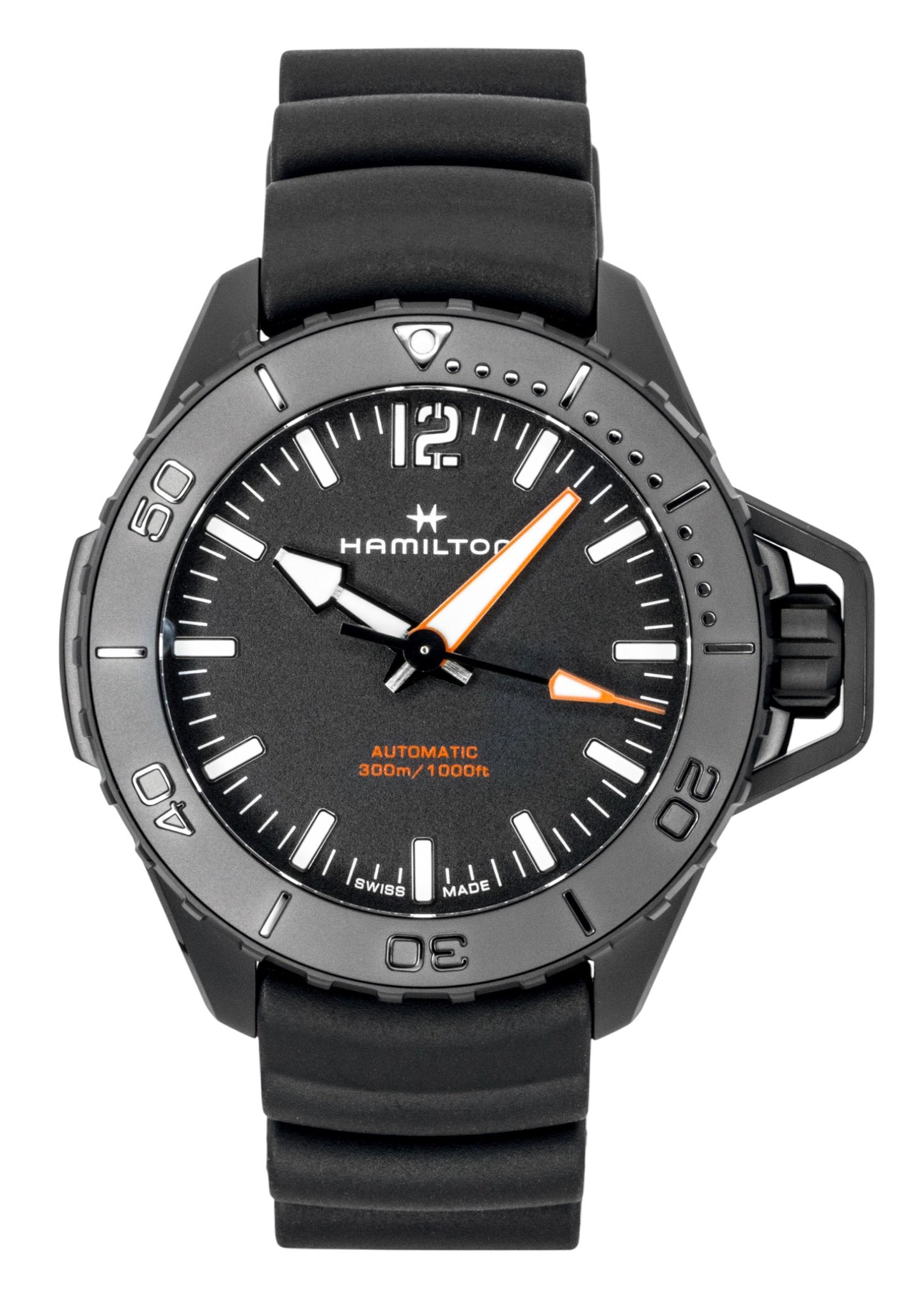 Hamilton Khaki Frogman Rubber Strap Black Dial Automatic. A brand-new Hamilton Khaki watch featuring a Black dial and a Rubber strap. Front view.