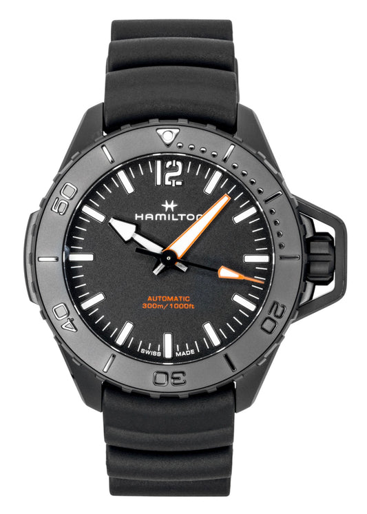 Hamilton Khaki Frogman Rubber Strap Black Dial Automatic. A brand-new Hamilton Khaki watch featuring a Black dial and a Rubber strap. Front view.