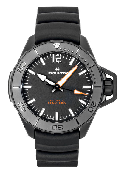 Hamilton Khaki Frogman Rubber Strap Black Dial Automatic. A brand-new Hamilton Khaki watch featuring a Black dial and a Rubber strap. Side view.