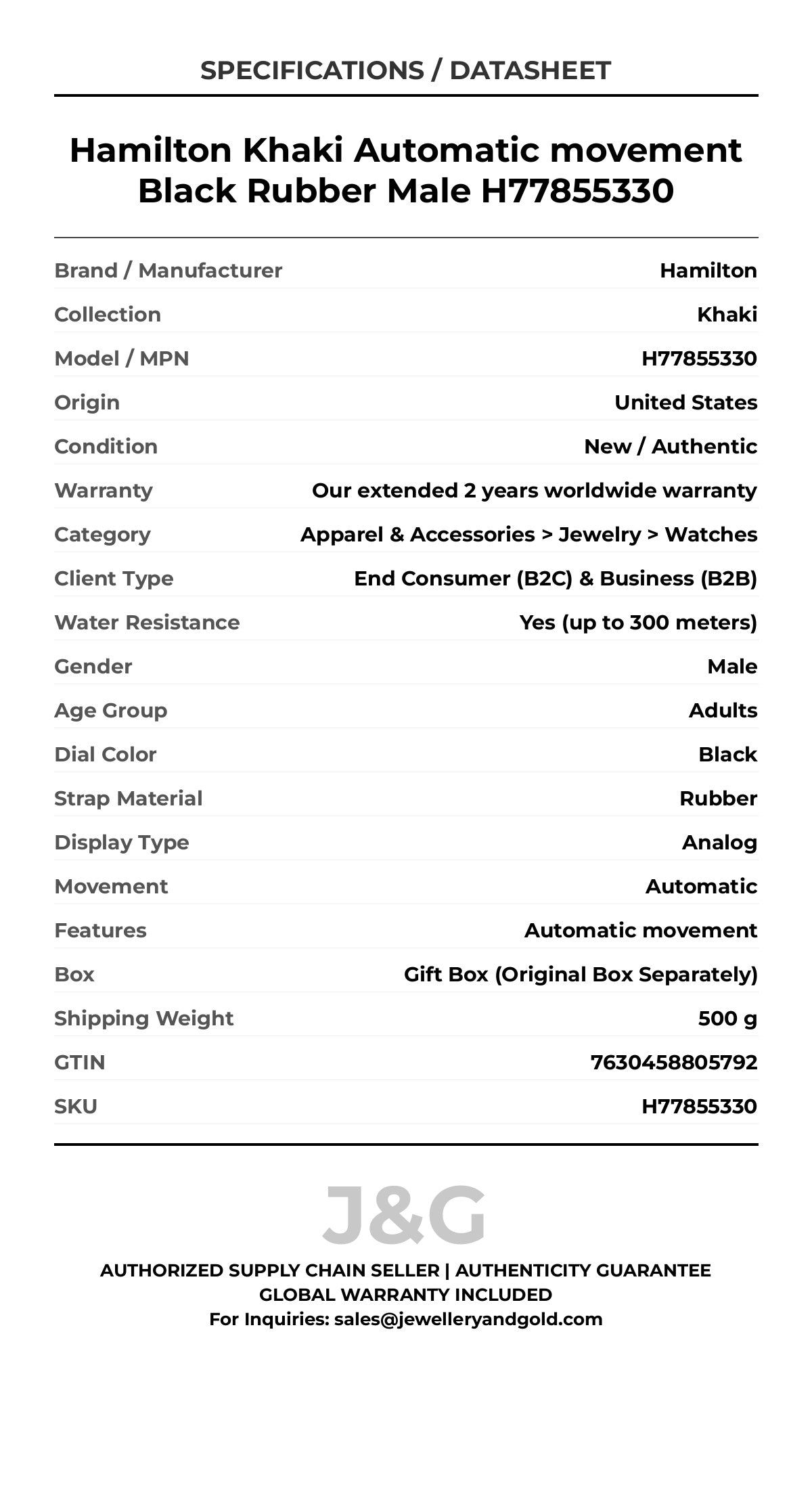 Hamilton Khaki Automatic movement Black Rubber Male H77855330 - Specifications