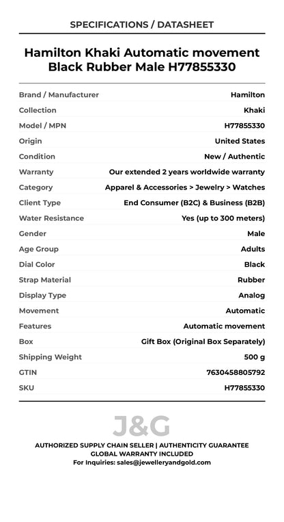 Hamilton Khaki Automatic movement Black Rubber Male H77855330 - Specifications