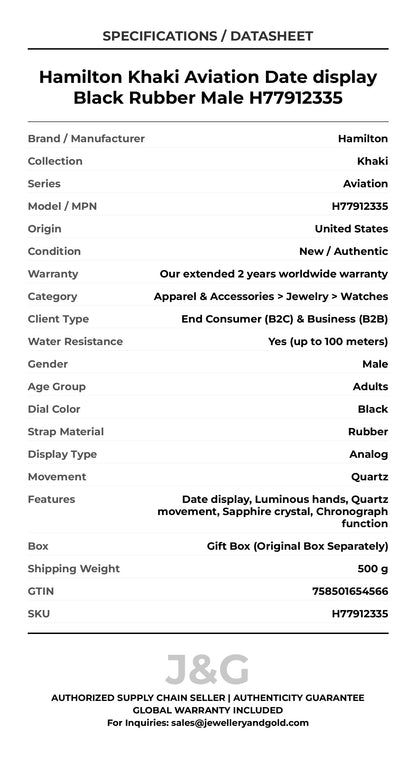 Hamilton Khaki Aviation Date display Black Rubber Male H77912335 - Specifications