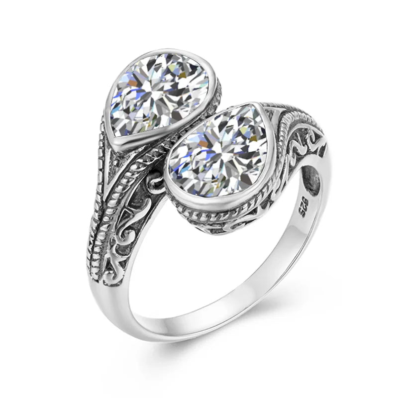 Gothic Tear Drop Garnet Ring – 925 Sterling Silver, Vintage Two-Stone Jewelry, Wife Anniversary Gift