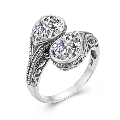 Gothic Tear Drop Garnet Ring – 925 Sterling Silver, Vintage Two-Stone Jewelry, Wife Anniversary Gift