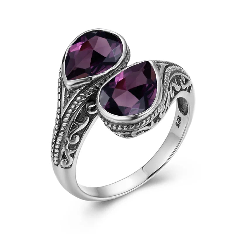 Gothic Tear Drop Garnet Ring – 925 Sterling Silver, Vintage Two-Stone Jewelry, Wife Anniversary Gift