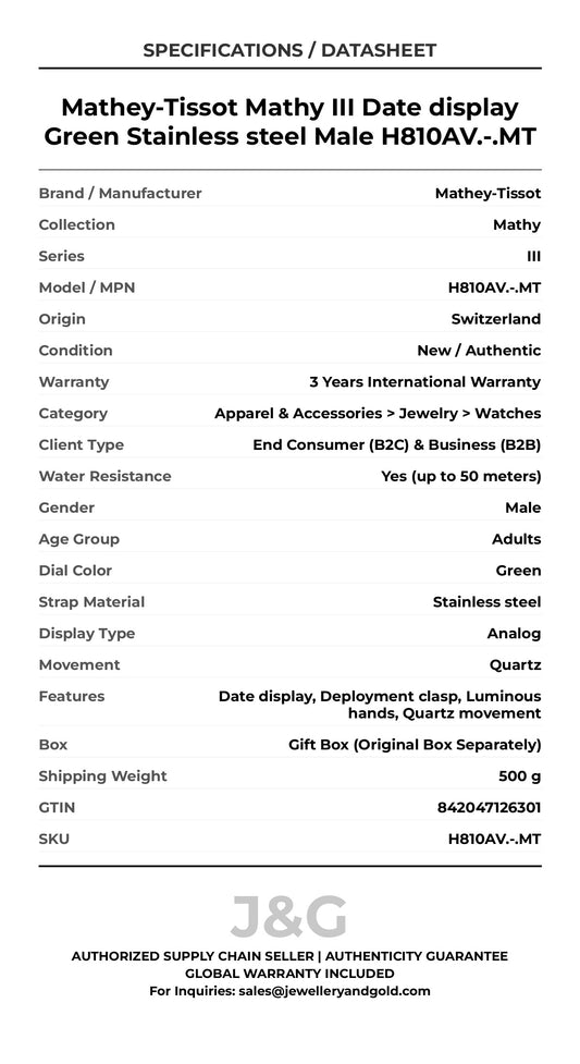 Mathey-Tissot Mathy III Date display Green Stainless steel Male H810AV.-.MT - Specifications