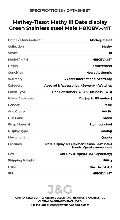 Mathey-Tissot Mathy III Date display Green Stainless steel Male H810BV.-.MT - Specifications