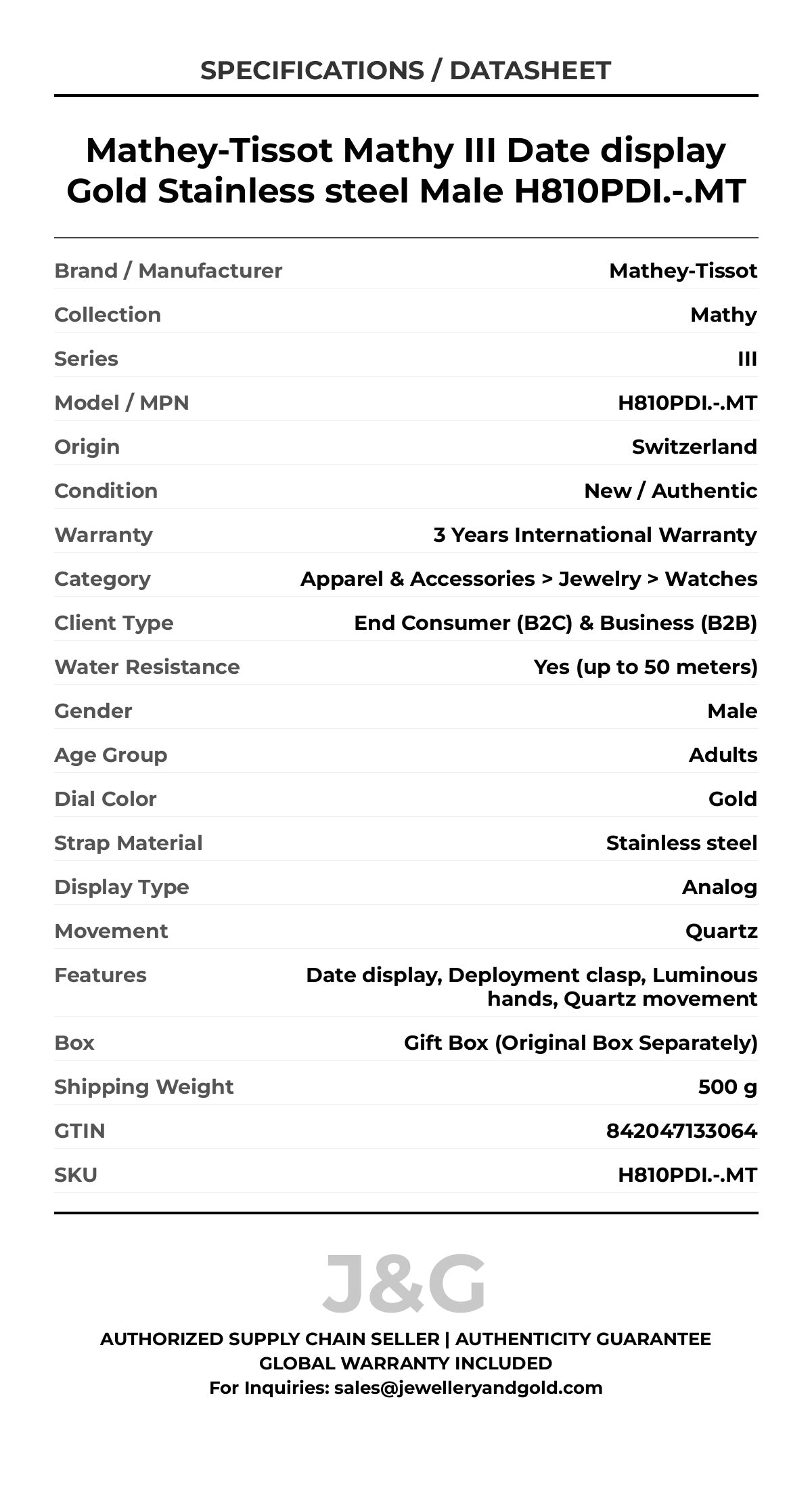 Mathey-Tissot Mathy III Date display Gold Stainless steel Male H810PDI.-.MT - Specifications
