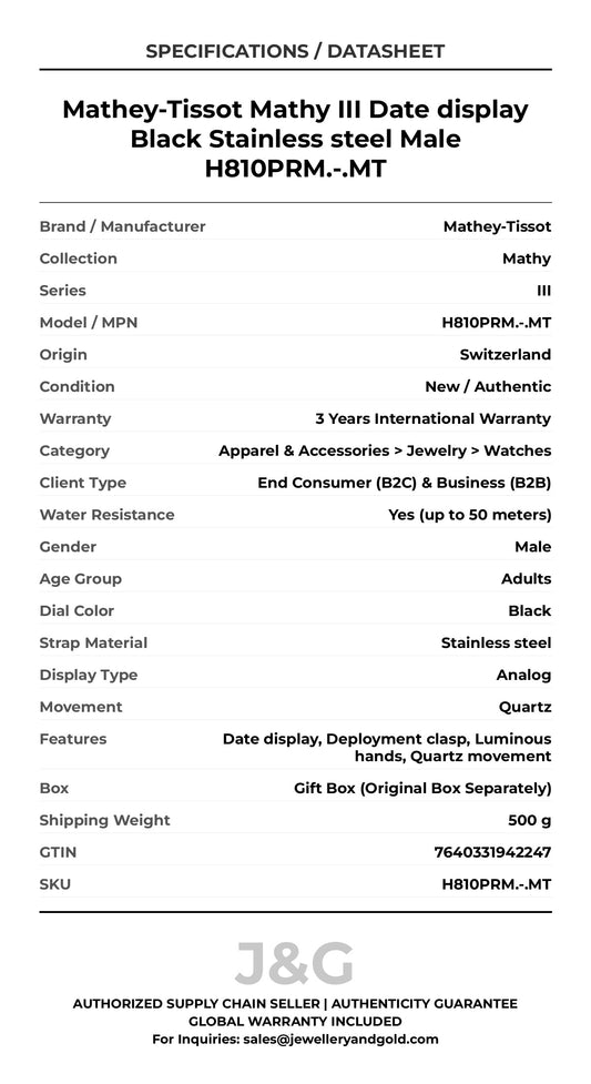 Mathey-Tissot Mathy III Date display Black Stainless steel Male H810PRM.-.MT - Specifications