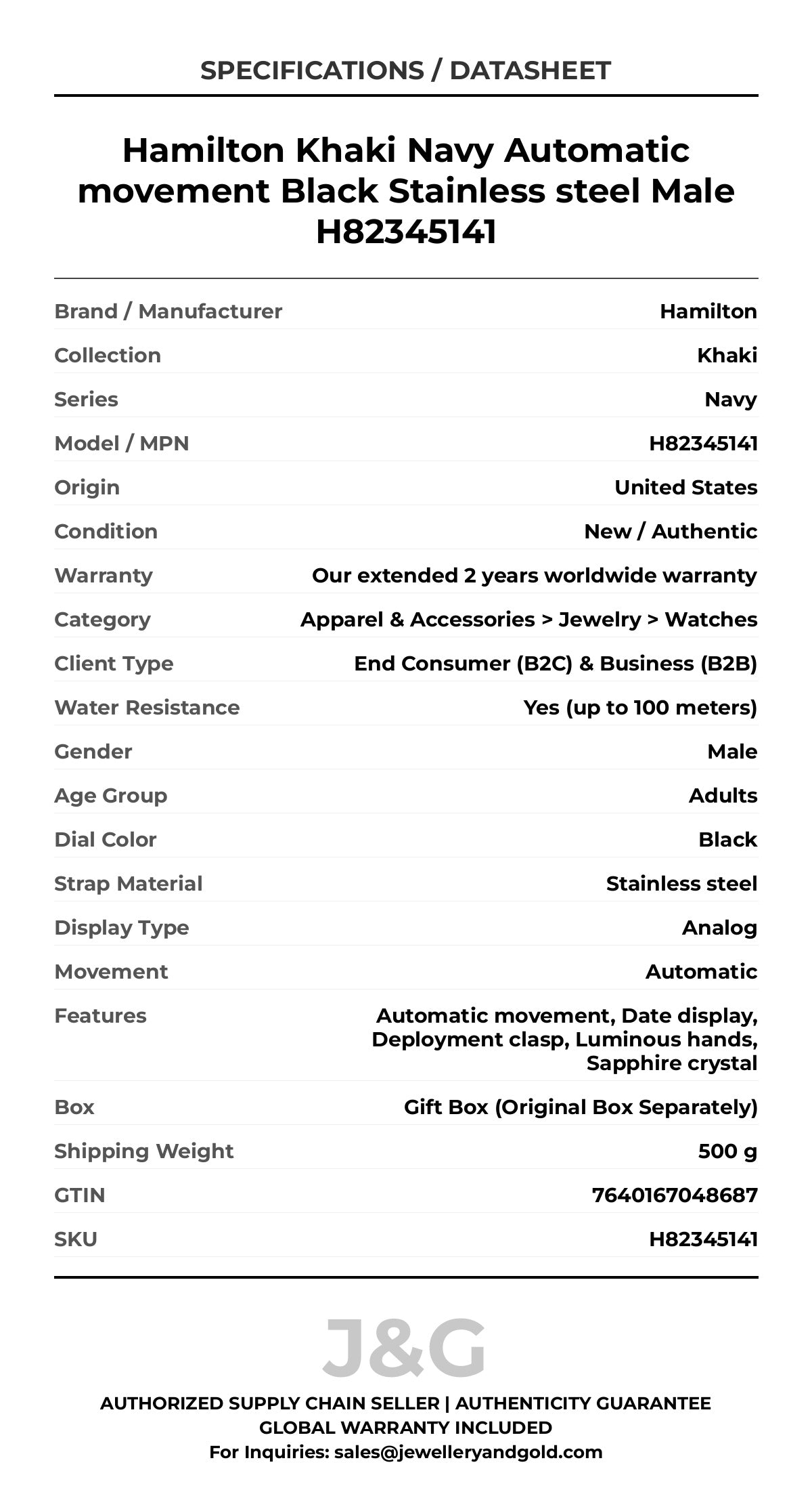 Hamilton Khaki Navy Automatic movement Black Stainless steel Male H82345141 - Specifications