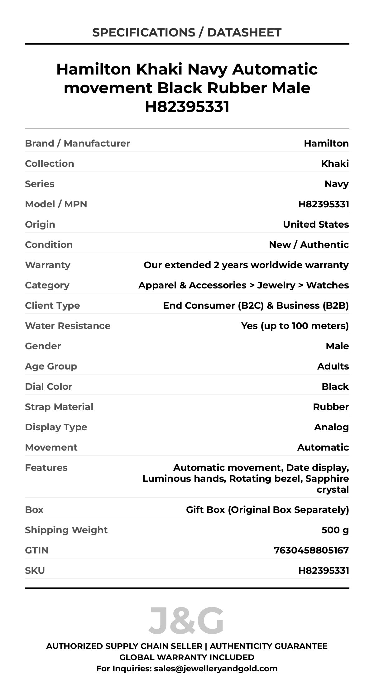 Hamilton Khaki Navy Automatic movement Black Rubber Male H82395331 - Specifications