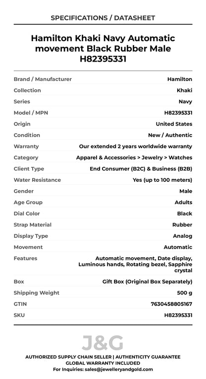 Hamilton Khaki Navy Automatic movement Black Rubber Male H82395331 - Specifications