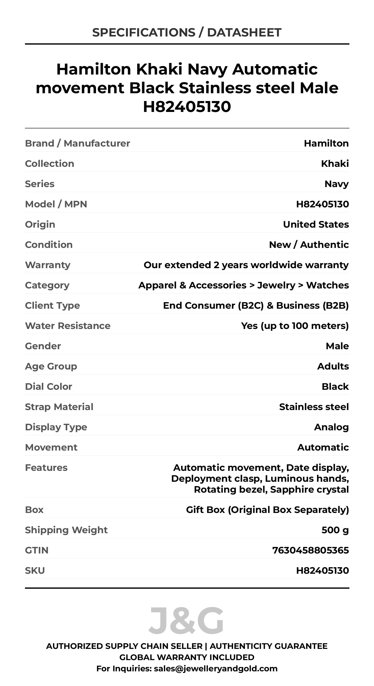 Hamilton Khaki Navy Automatic movement Black Stainless steel Male H82405130 - Specifications