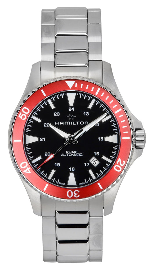 Hamilton Khaki Navy Automatic movement Black Stainless steel Male H82405130. A brand-new Hamilton Khaki watch featuring a Black dial and a Stainless steel strap. Front view.